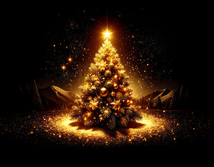 Golden Christmas tree illustration on dark background with many decorative branches, decorations, stars..