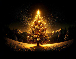 Golden Christmas tree illustration on dark background with many decorative branches, decorations, stars..