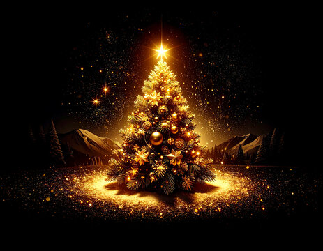 Golden Christmas tree illustration on dark background with many decorative branches, decorations, stars..