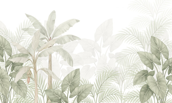 Muted green banana leaf mural – tropical jungle botanical wallpaper in soft tones
