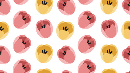 Obraz premium Repeating pattern of pink and yellow tulip flowers on a light cream background