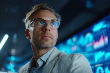 Confident business professional in glasses analyzing digital data on futuristic screen in high-tech office environment