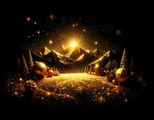 Golden Christmas tree illustration on dark background with many decorative branches, decorations, stars..