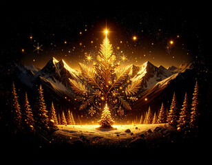 Golden Christmas tree illustration on dark background with many decorative branches, decorations, stars..