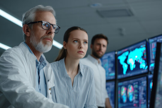 Diverse team of professionals analyzing global data on multiple digital screens in a modern high-tech control room