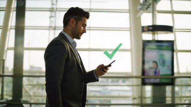 A businessman checks his smartphone in a modern airport terminal, illuminated by natural light. The lively atmosphere reflects the peak travel season.