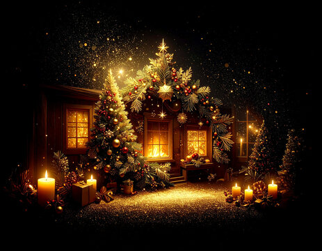 Golden Christmas tree illustration on dark background with many decorative branches, decorations, stars..