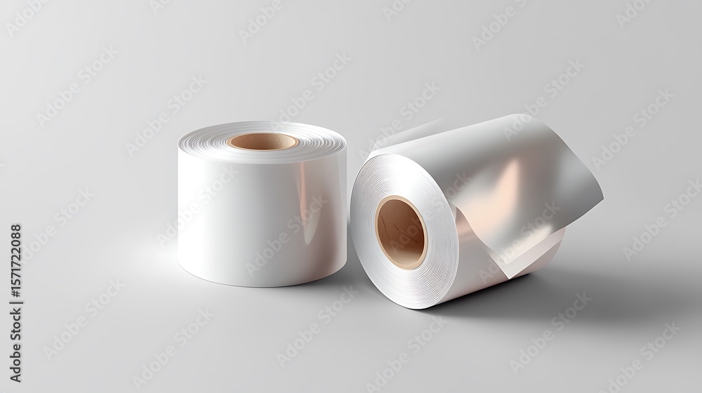 Poster two white rolls of continuous shiny material sit on a smooth grey surface plainly