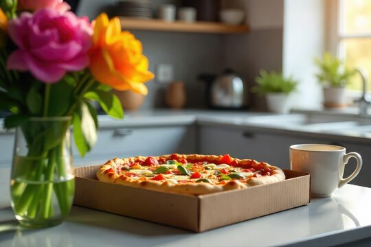 A freshly delivered pizza box sits on a kitchen counter, next to a steaming mug and a vibrant bouquet of flowers, signifying a relaxing evening at home , cardboard box, order food, delicious - Powered by Adobe