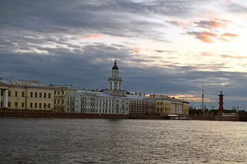 Picturesque Neva river landscape early in morning before dawn. St. Petersburg