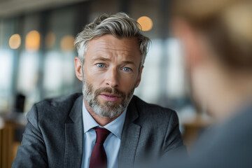 Fototapeta premium Professional mature businessman with gray hair and beard attentively listening during a meeting in modern office