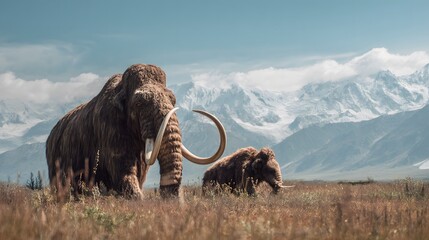 A mammoth and a mammoth cub in a meadow with mountains in the background.