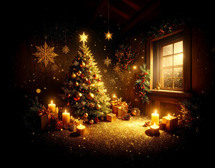 Golden Christmas tree illustration on dark background with many decorative branches, decorations, stars..