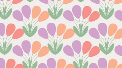 Repeating pattern of stylized flowers with purple and orange petals and green leaves