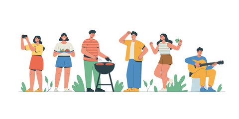Fototapeta premium Summer BBQ Party: A vibrant illustration showcasing a group of friends enjoying a summer barbecue, complete with grilling, music, and cheerful moments.