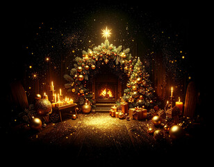 Golden Christmas tree illustration on dark background with many decorative branches, decorations, stars..