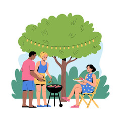 Backyard Gathering: Illustration capturing the joyful essence of a backyard BBQ party. Friends gather around the grill for a summer cookout. capturing the social and celebratory spirit