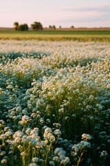 Obraz premium Sunset lit buckwheat field glowing with vibrant blossoming wildflowers