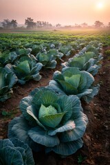 Cabbage plants growing in rows in a rural farmland at sunrise, creating a tranquil agricultural scene