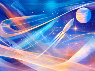 Futuristic rocket launching into space with colorful swirling nebula and planet
