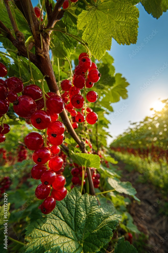 Poster red currants dangling from branch, sunlight illuminating ripened fruit clusters in garden setting