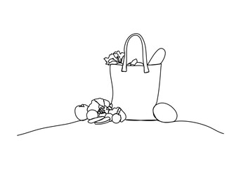 Shopping bag with grocery. One line drawing vector illustration.