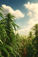Hemp plants growing vigorously in sunlit field, verdant foliage stretching beneath soft cloudy sky