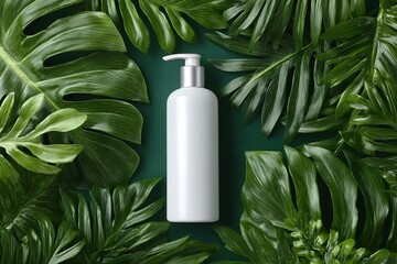 White cosmetic pump bottle on lush tropical leaves