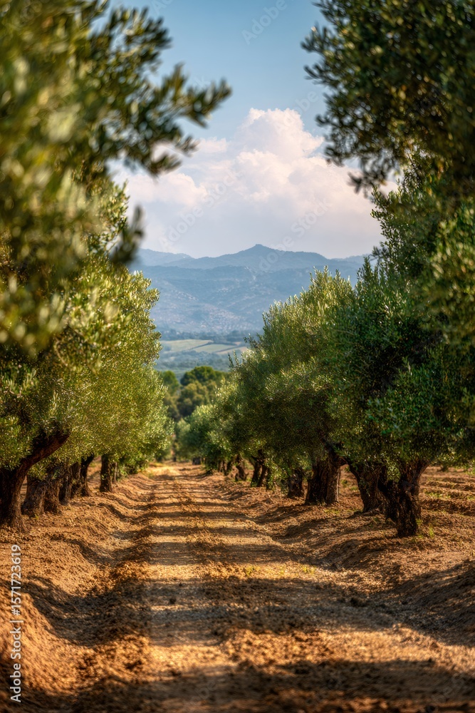 Poster rows of olive trees creating a path in an agricultural landscape with mountains and clouds in the ba