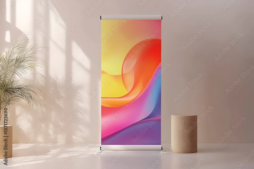 Poster abstract colorful displayed vertically indoor illuminates with sunlight, showcasing artistic creativ