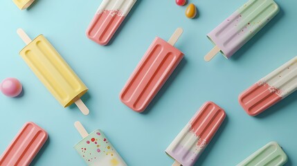 An array of colorful popsicle sticks is seen on a pastel blue background creating joy