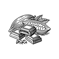 Black and white woodcut-style illustration depicting a cocoa pod and chocolate bars. The image features fine linework with clean, delicate strokes and no textures, creating a hand-carved vintage.