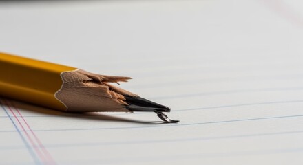 Close-up of a broken yellow pencil lying on lined paper, showing its sharpened tip snapped and splintered.
