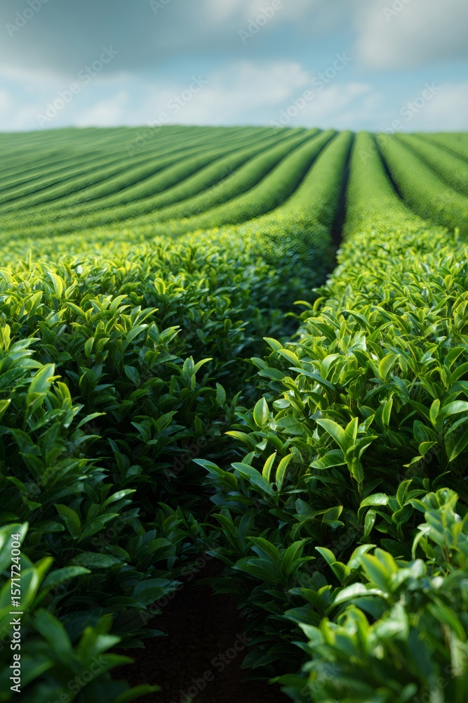 Poster scenic view of a tea plantation extending over gentle slopes, creating a mesmerizing pattern of gree