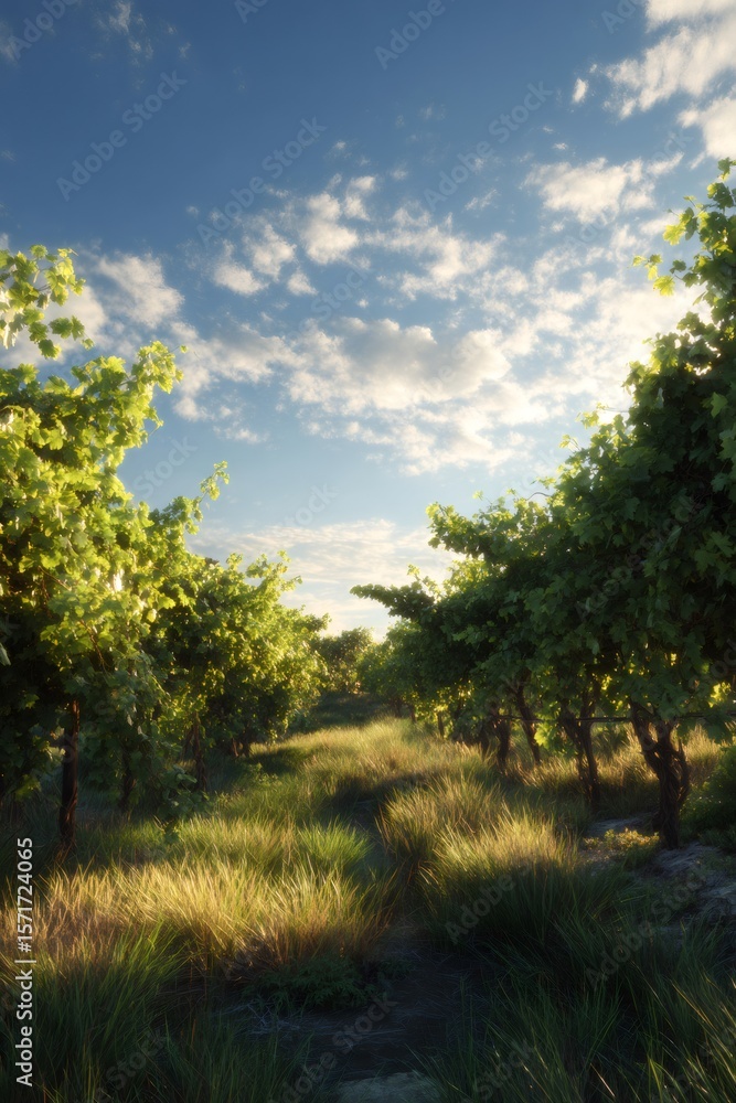 Poster grapevines extending across vineyard landscape, golden sunlight illuminating rows with soft clouded 