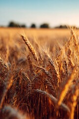Golden wheat ears ripening under sunset glow, casting warm light across agricultural landscape with soft golden hues