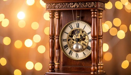 Ornate antique clock against a bokeh background of warm lights