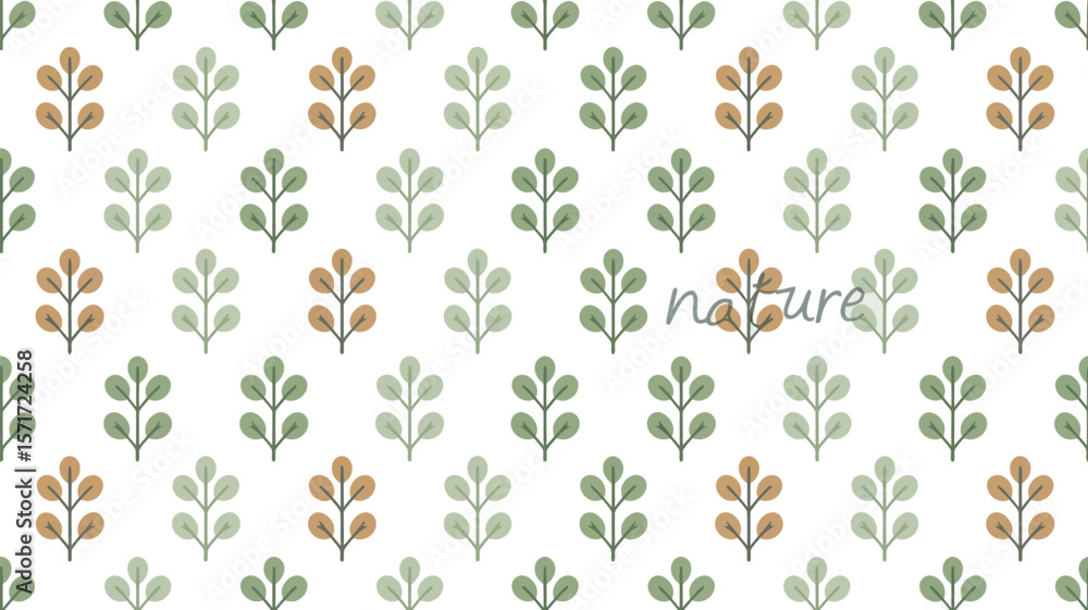 Poster repeating leaf pattern with green and brown leaves on a light background color