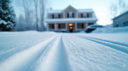 Snow-covered pathway leading to a house during winter evening  
