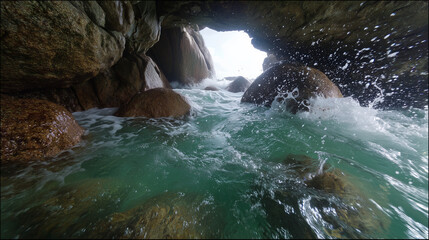 Rocky beach with waves crashing under a coastal cave entrance  