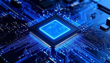 Close-up of a glowing CPU on circuit board