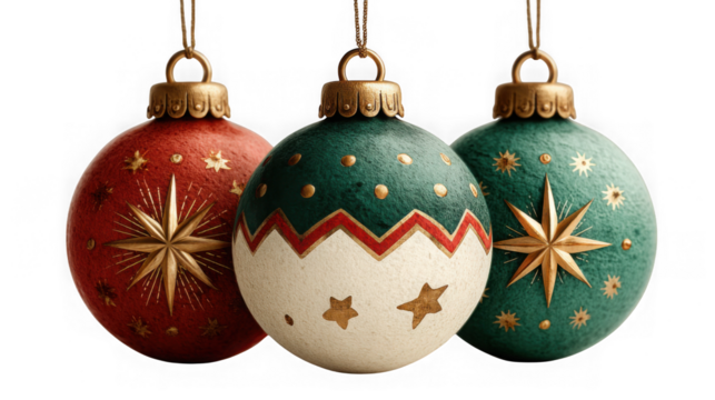 Three charming vintage christmas ornaments in red, cream, and green hang together, each decorated with gold stars isolated on transparent background