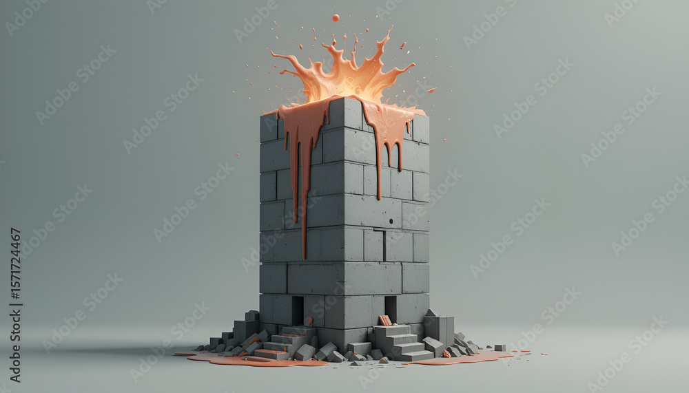 Poster a tower of grey stone blocks stands topped with a burst of orange liquid, creating a visual impact.