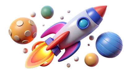 Naklejka premium Stylized 3d rocket ship launching through colorful planets and spheres isolated on white background