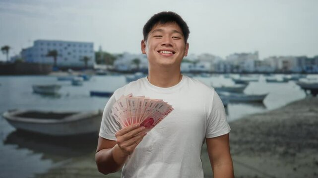 Young man holding taiwan dollar banknotes smiles confidently on a seaside beach with boats and buildings in the background.