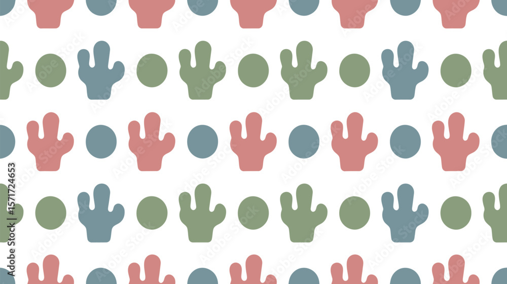 Aufkleber a repeating pattern of colorful cactus shapes and circles on a white background