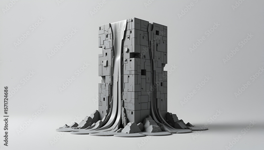 Fototapete abstract cube sculpture in gray tones showcases modern architecture, standing on a rocky base with f