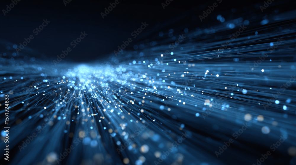 Poster vivid blue digital network with streaming data particles, symbolizing fast digital communication and