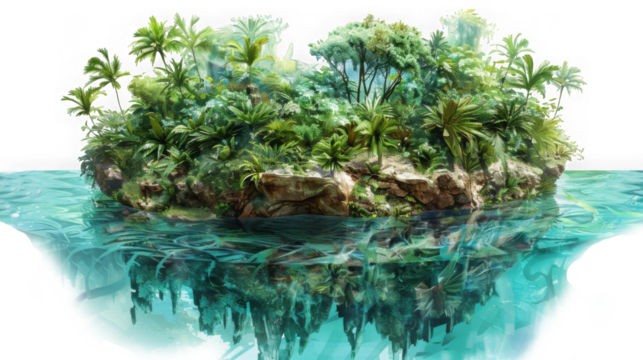 A lush, tropical island paradise emerges from crystalclear turquoise waters, surrounded by vibrant green vegetation and palm trees isolated on transparent background