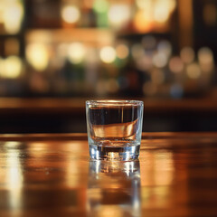 Glass filled with clear liquid placed on wooden bar counter in dimly lit pub atmosphere at night